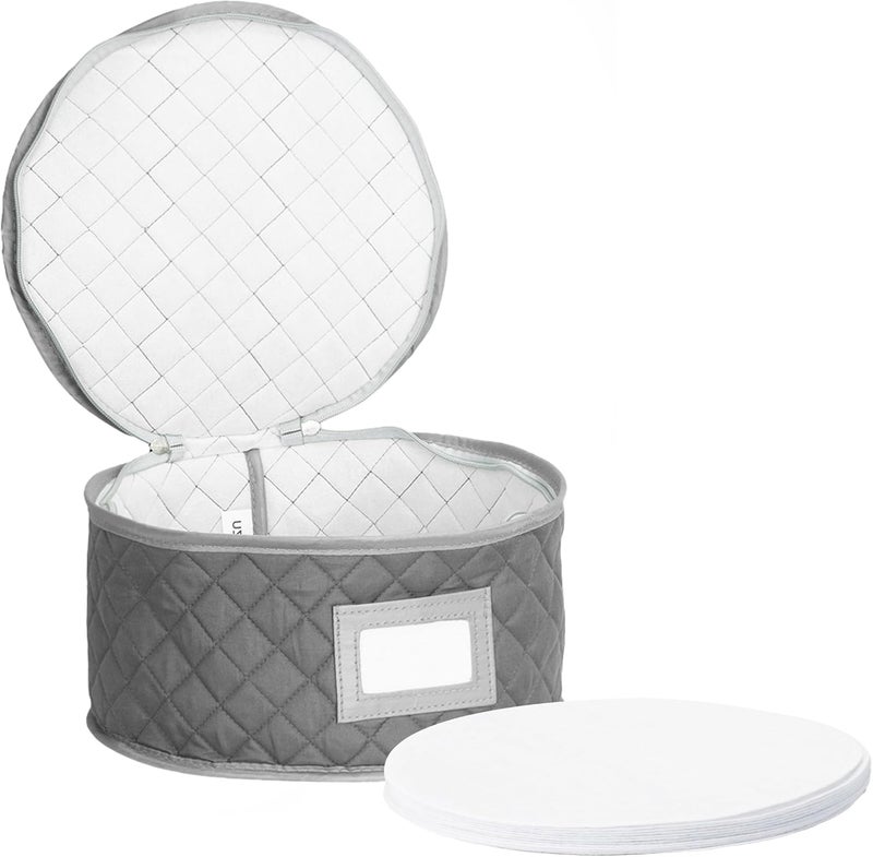 Stack Store Plus More China Storage Case - Dinner Plate Quilted Case - 12 inches diameter x 7 inches height - Gray - Includes 12 Felt Separators - Image 1